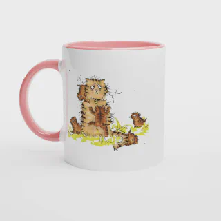White ceramic mug with pink rim, handle and interior and orange cat and kittens illustration