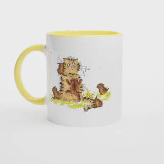 White ceramic mug with yellow rim, handle and interior and orange cat and kittens illustration