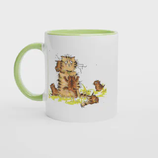 White ceramic mug with green rim, handle and interior and orange cat and kittens illustration