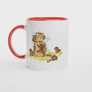 White ceramic mug with red rim, handle and interior and orange cat and kittens illustration