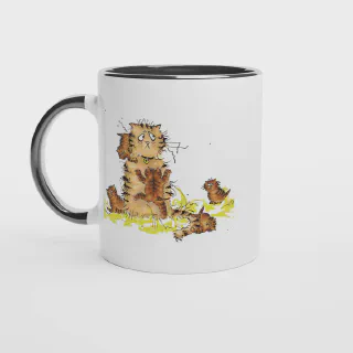 White ceramic mug with black rim, handle and interior and orange cat and kittens illustration