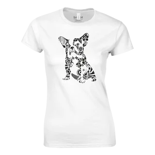 White womens crewneck t-shirt with French bulldog illustration on the front