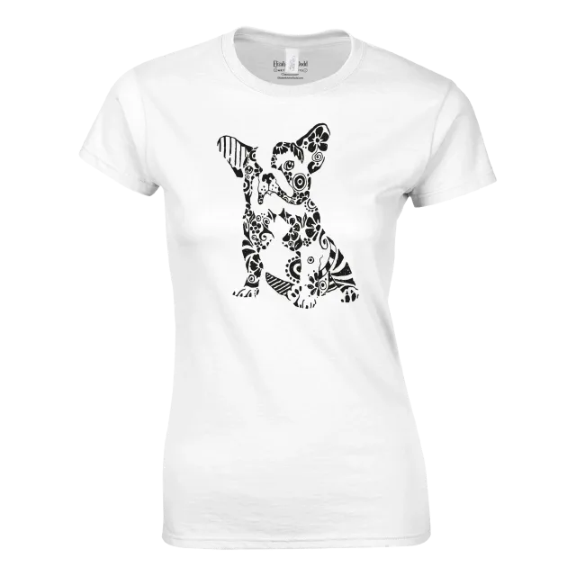 White womens crewneck t-shirt with French bulldog illustration on the front