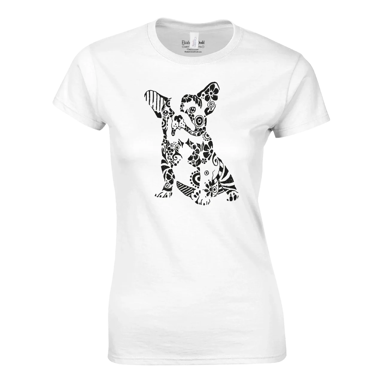 White womens crewneck t-shirt with French bulldog illustration on the front
