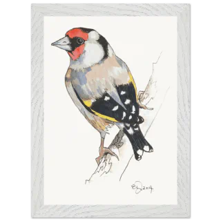 White framed print with a watercolor gold finch