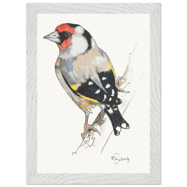 White framed print with a watercolor gold finch