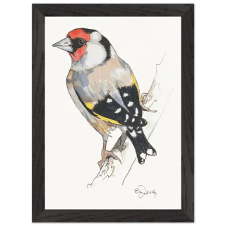 Black framed print with a watercolor gold finch