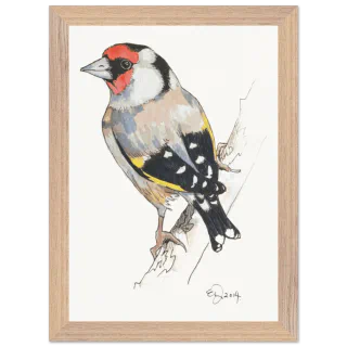 Wood framed print with a watercolor gold finch