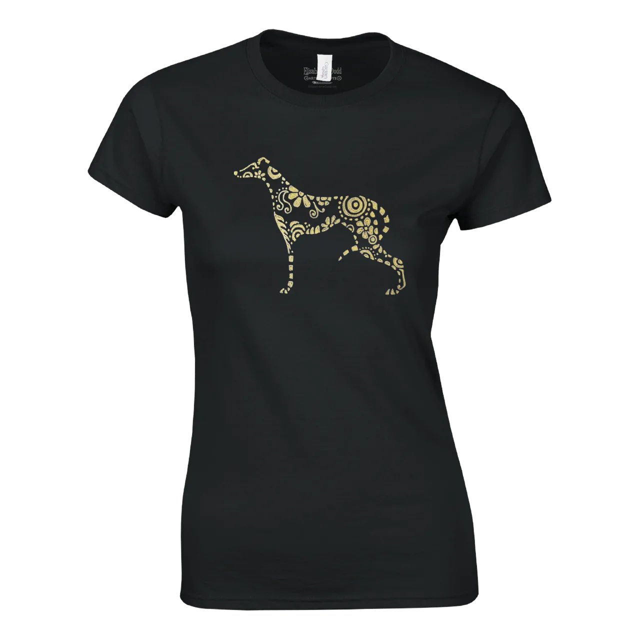 Black women's t-shirt with a gold patterned greyhound graphic on the front