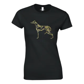 Black women's t-shirt with a gold patterned greyhound graphic on the front