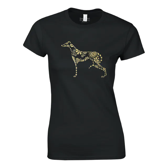 Black women's t-shirt with a gold patterned greyhound graphic on the front