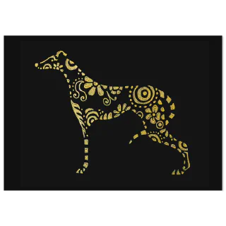 Gold patterned greyhound graphic on a black background