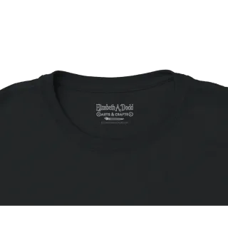 Close-up of the black t-shirt crewneck with inner printed label