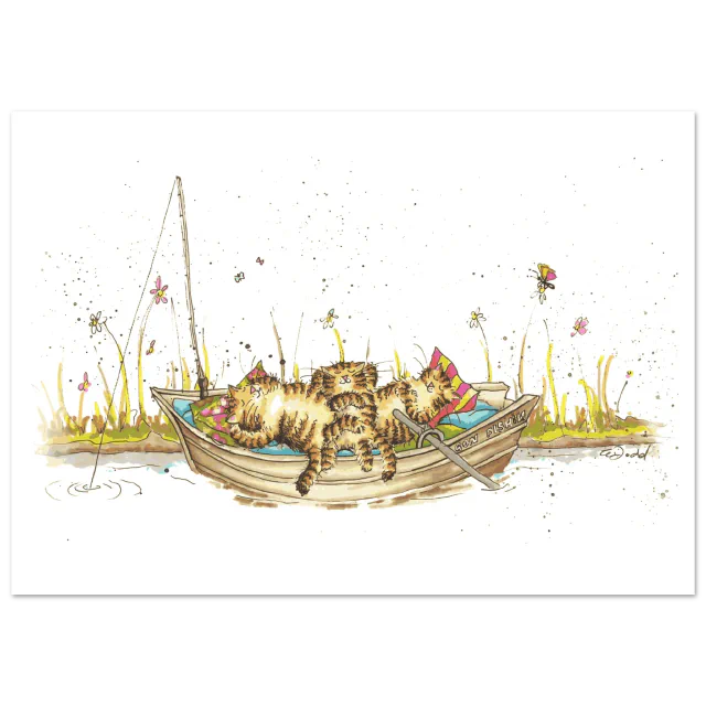 Illustration of tabby cats resting in a small fishing boat with flowers and insects