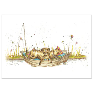 Illustration of tabby cats resting in a small fishing boat with flowers and insects