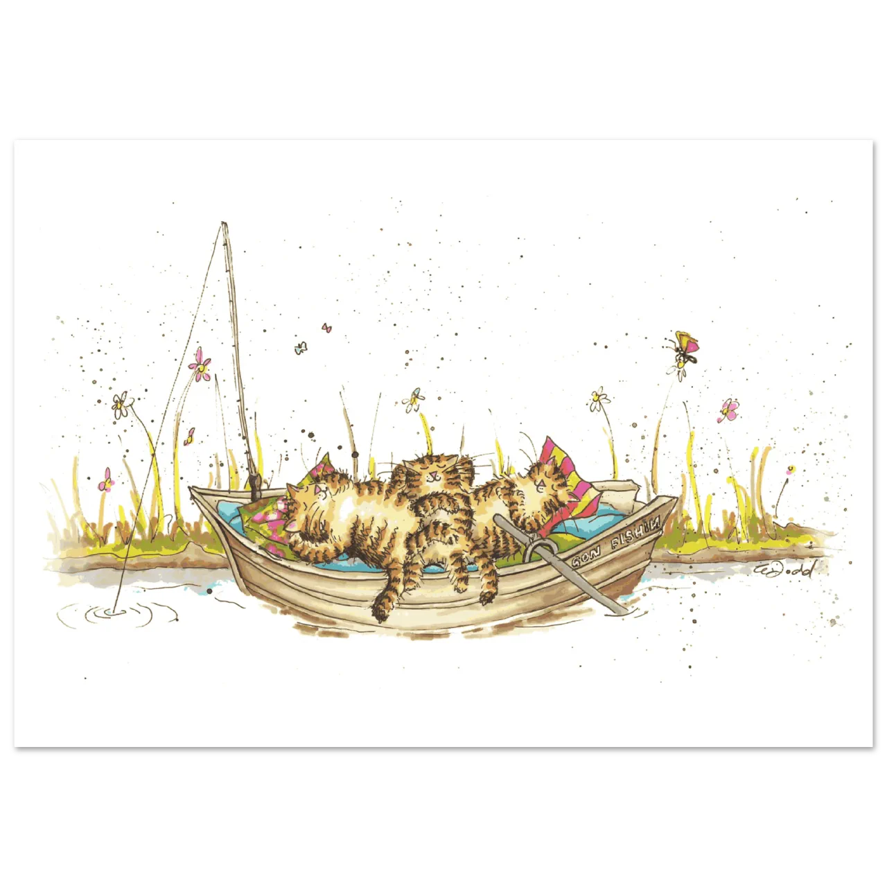 Illustration of tabby cats resting in a small fishing boat with flowers and insects
