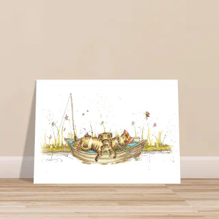 Large poster print with the cat fishing boat illustration leaning against a beige wall