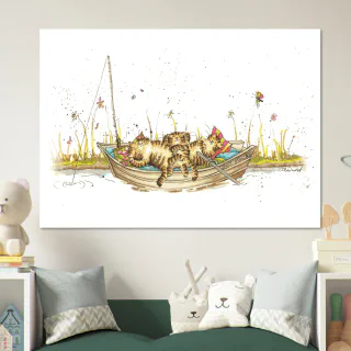 Large wall poster with the cat fishing boat illustration above a bed