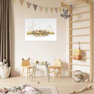 Small wall poster with the cat fishing boat illustration in a children's room