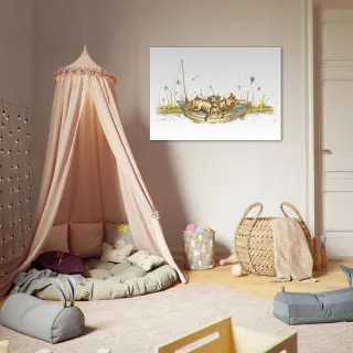 Small wall poster with the cat fishing boat illustration beside a fabric play tent