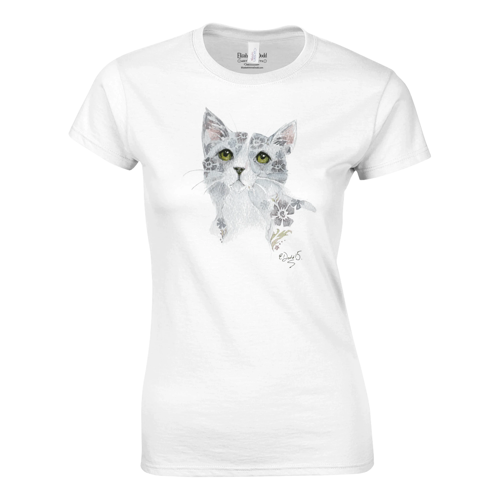 Women’s crewneck T-shirt with a watercolor grey floral cat design
