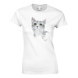 Women’s crewneck T-shirt with a watercolor grey floral cat design