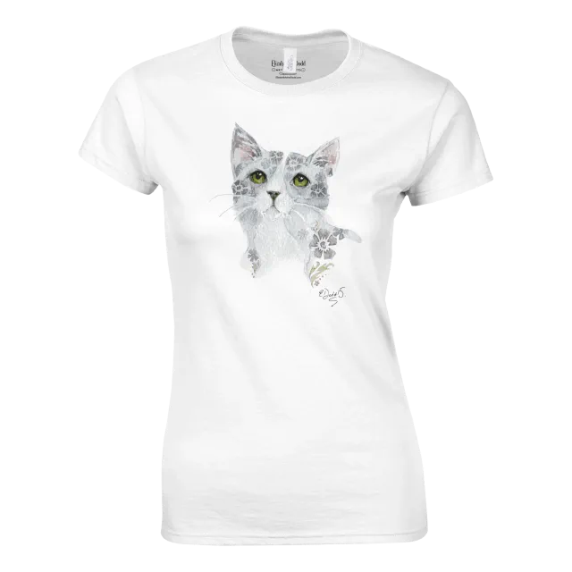 Women’s crewneck T-shirt with a watercolor grey floral cat design