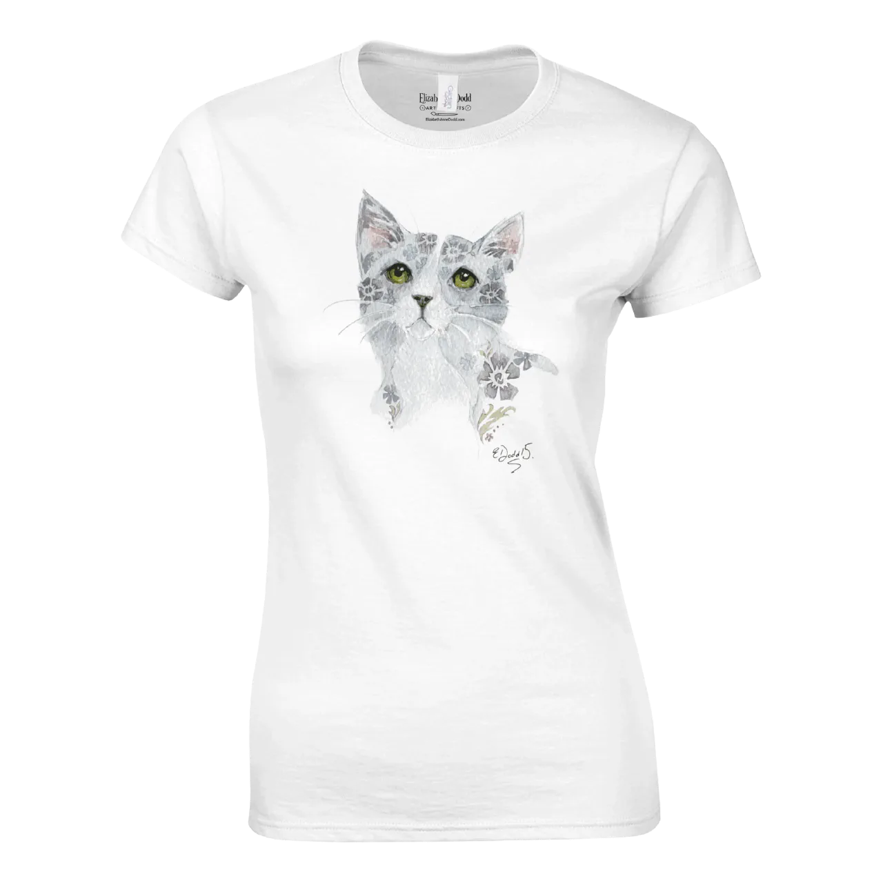 Women’s crewneck T-shirt with a watercolor grey floral cat design