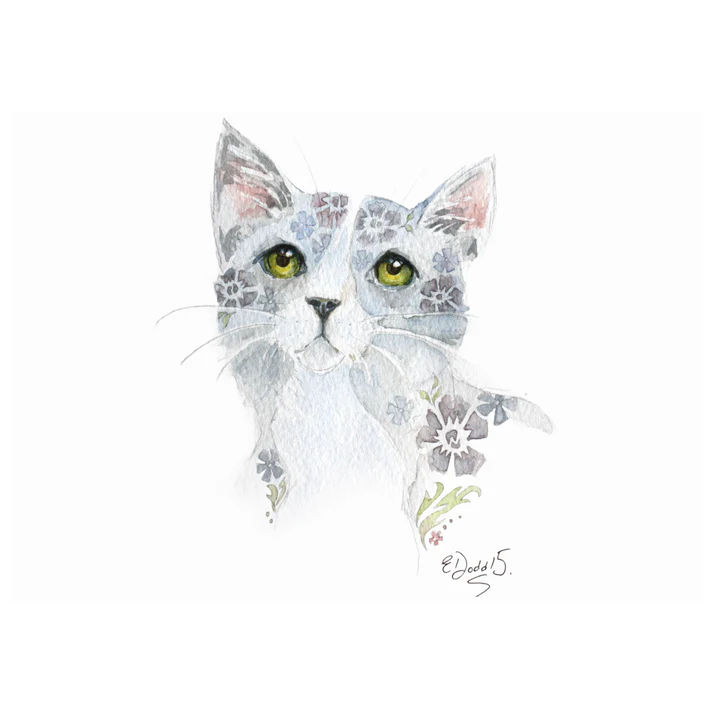 Women’s crewneck T-shirt with a watercolor grey floral cat design