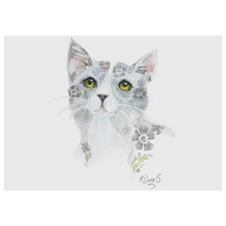 Women’s crewneck T-shirt with a watercolor grey floral cat design