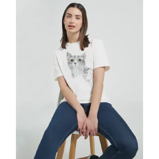 Women’s crewneck T-shirt with a watercolor grey floral cat design