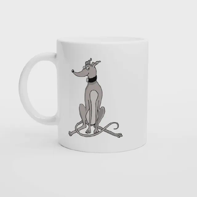 White mug with grey greyhound illustration, front view