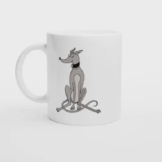 White mug with grey greyhound illustration, front view