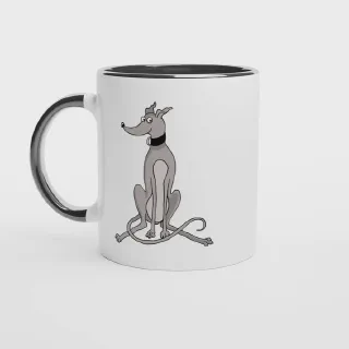 White mug with black handle and black interior, front view