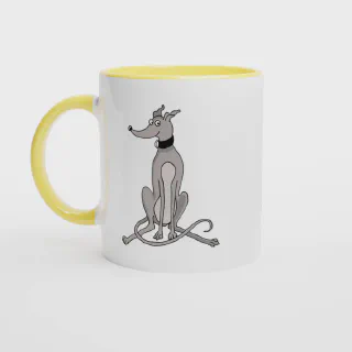 White mug with yellow handle and yellow interior, front view