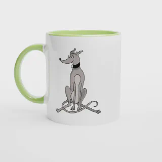 White mug with green handle and green interior, front view
