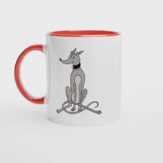 White mug with red handle and red interior, front view