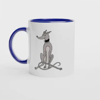 White mug with blue handle and blue interior, front view