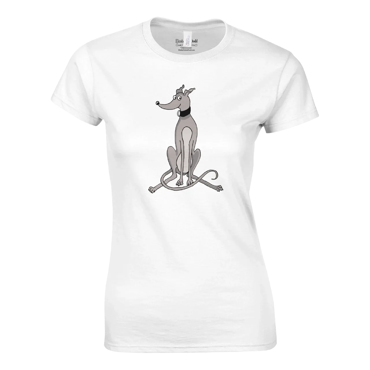 White women's t-shirt with a grey greyhound illustration on the front