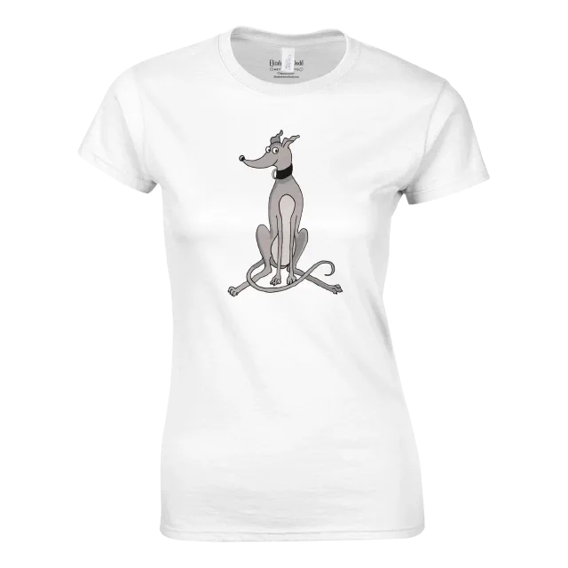 White women's t-shirt with a grey greyhound illustration on the front