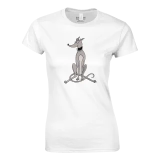 White women's t-shirt with a grey greyhound illustration on the front