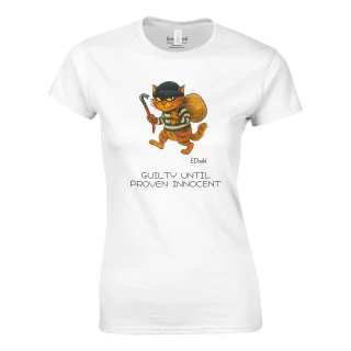 White women's crewneck T-shirt with cartoon cat burglar and Guilty Until Proven Innocent text