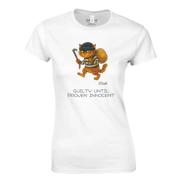 White women's crewneck T-shirt with cartoon cat burglar and Guilty Until Proven Innocent text