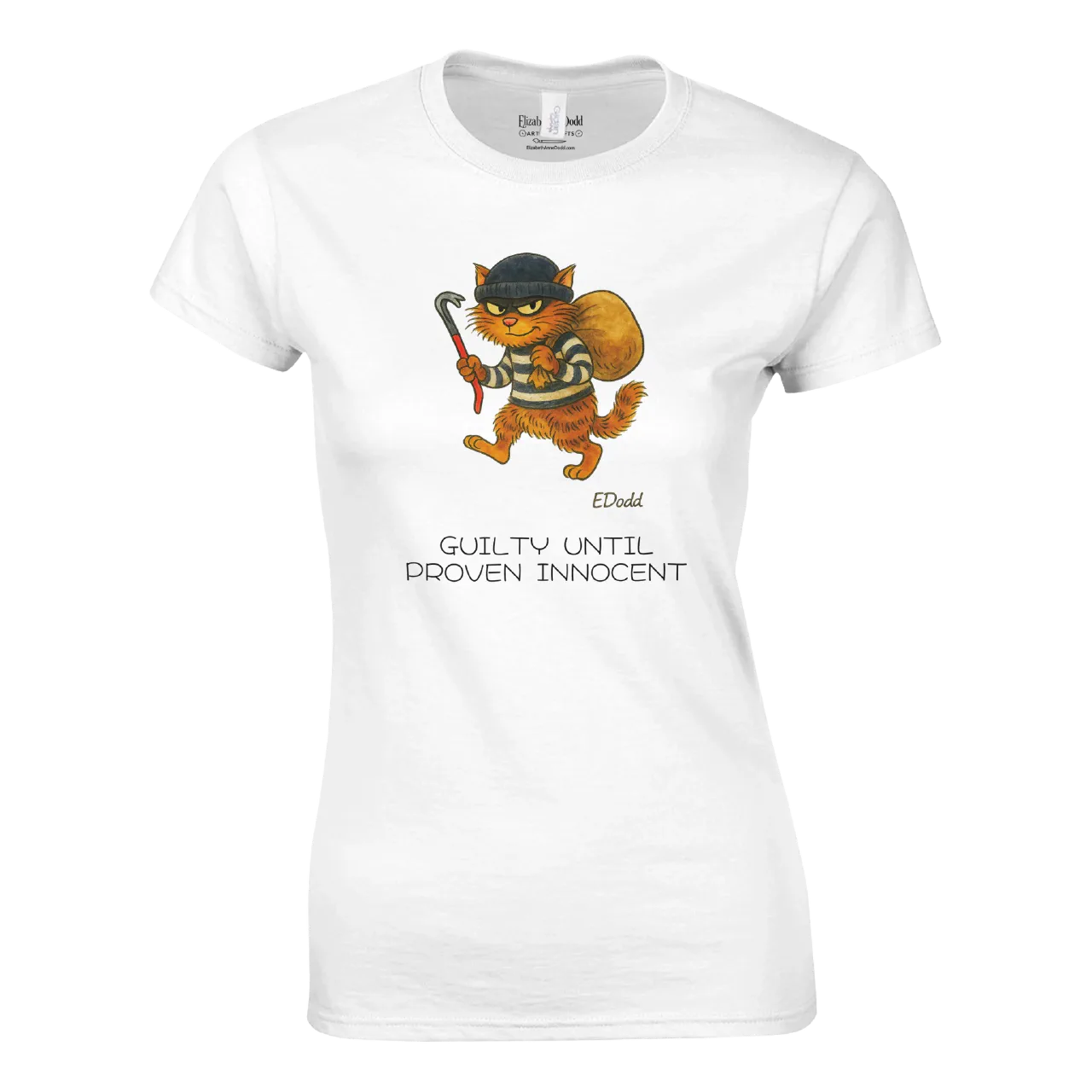 White women's crewneck T-shirt with cartoon cat burglar and Guilty Until Proven Innocent text