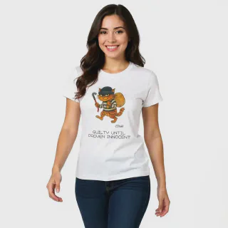 Woman wearing a white T-shirt with cartoon cat burglar and Guilty Until Proven Innocent text