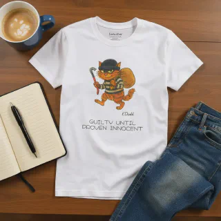 White T-shirt with cartoon cat burglar laid flat beside notebook, coffee cup, and jeans