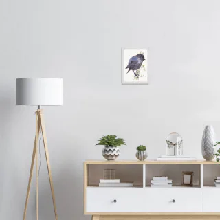Framed print with a watercolour black robin
