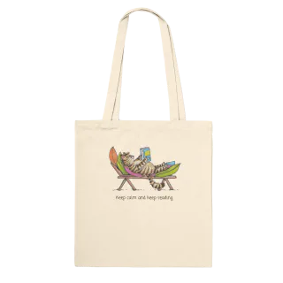 Natural tote bag with a cat reading in a chair design