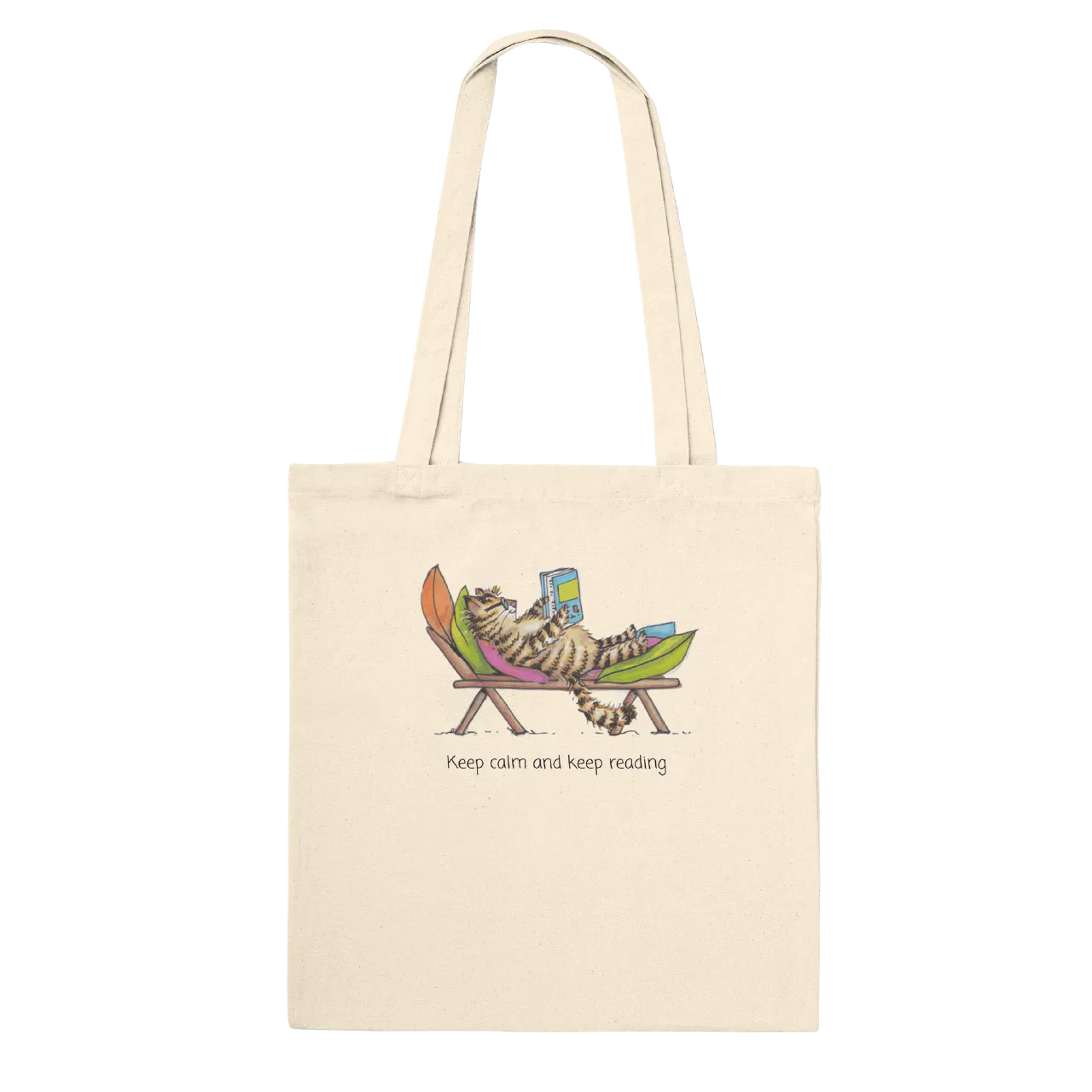 Natural tote bag with a cat reading in a chair design