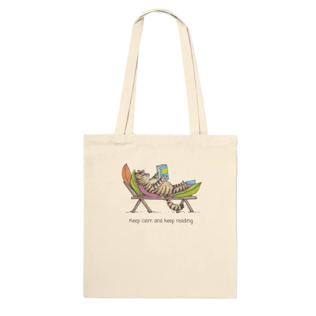 Natural tote bag with a cat reading in a chair design